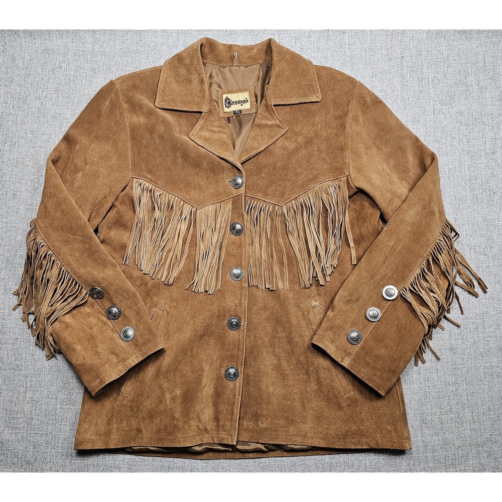 Classyak Jacket Womens XL Brown Suede Fringe Western Cowboy Lined Button Front